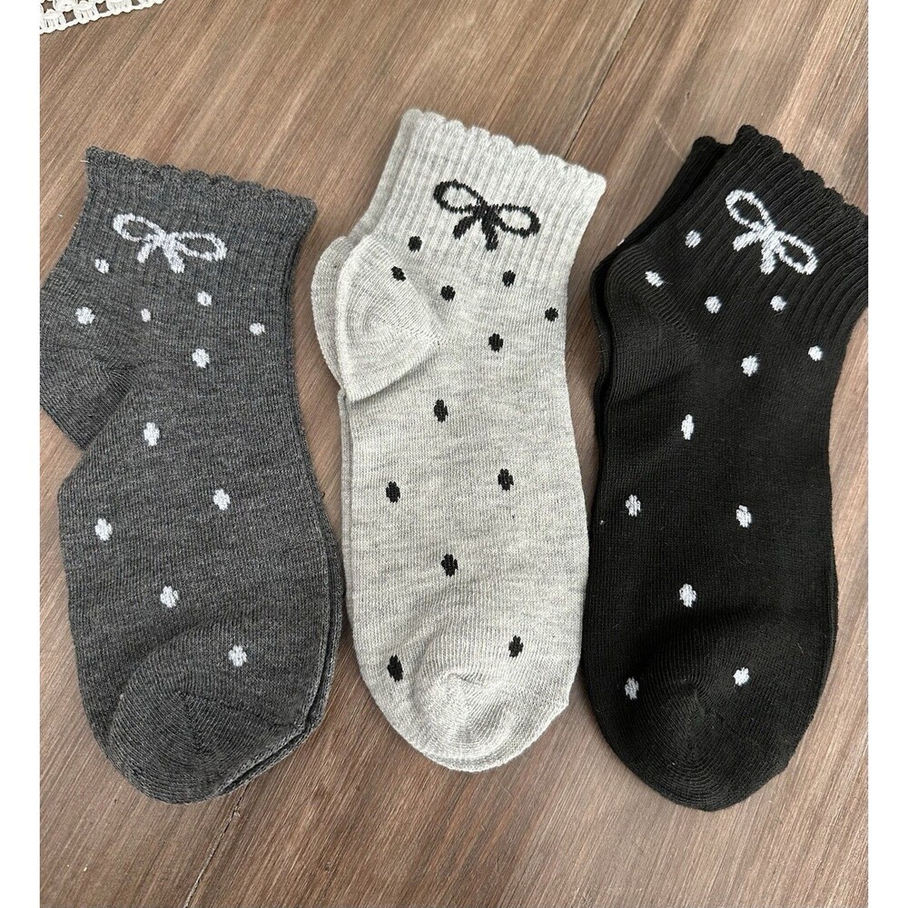 Women’s Polka Dot Bow Ankle Socks Cotton Socks In Gray and Black One Size New